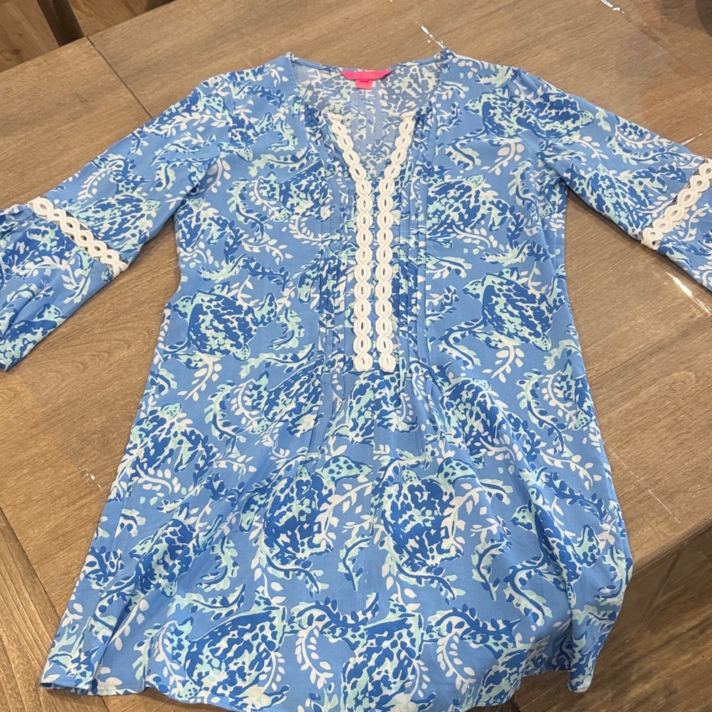 Lilly Pulitzer Blue, Aqua and White Patterned Midi Dress